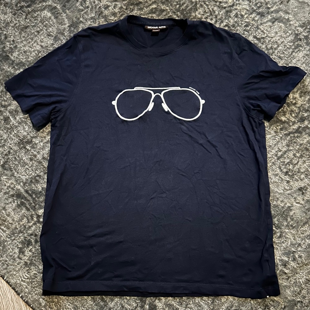 Michael Kors Mens Navy Blue Aviator‎ Sunglasses Graphic T-Shirt Large MK Logo